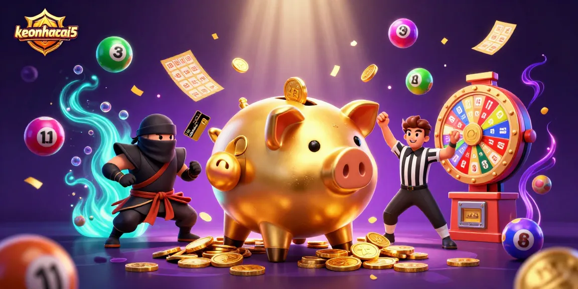 Engage with keonhacai5 in this dynamic casino scene of a golden piggy bank sumo wrestler and vibrant game elements.