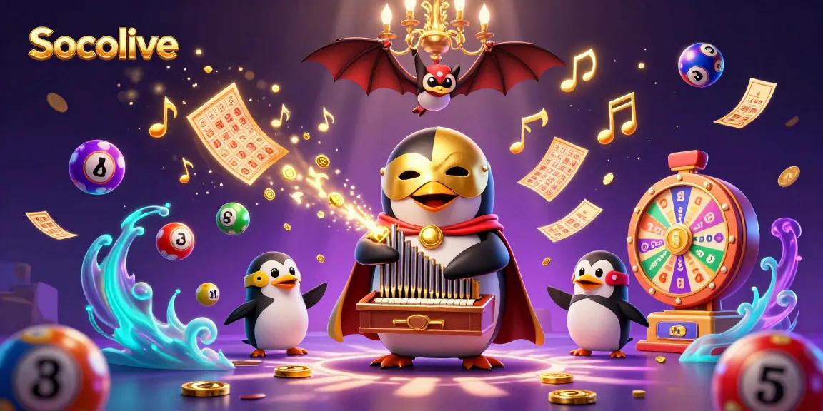 Socolive enhances the gaming experience with a 3D cartoon penguin and vibrant lottery elements.