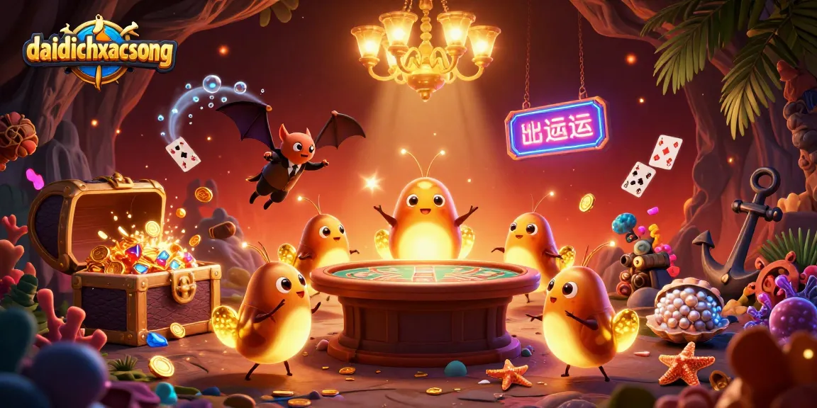 Engage in daidichxacsong with glowing glowworms and an upside-down bat dealer in a vibrant cave casino.
