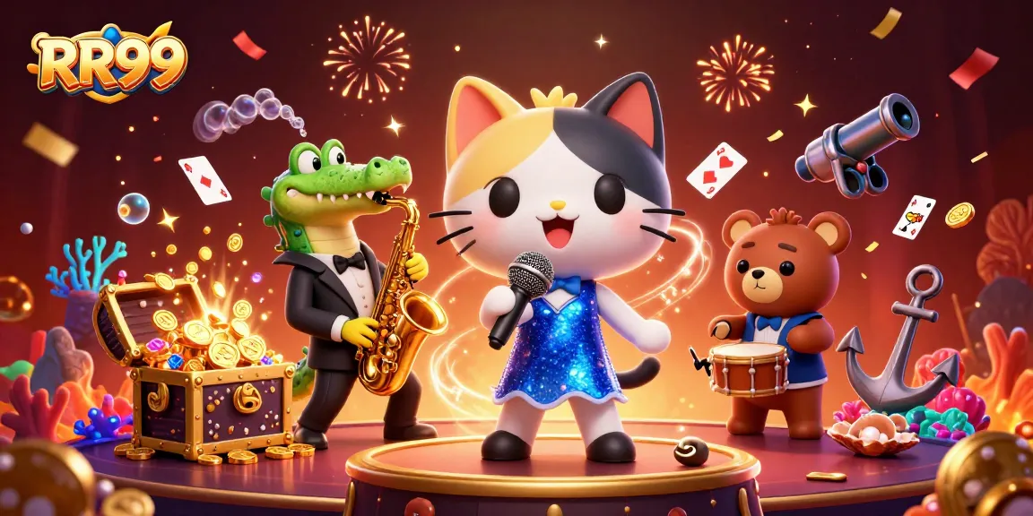 Join the RR99 celebration with a 3D cartoon jazz-singer cat performing on stage with dazzling gems and coins.