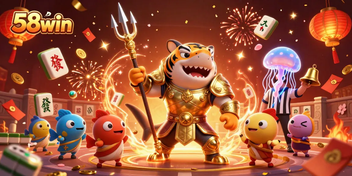 Engage in exciting games at 58win with a vibrant underwater casino scene showcasing a tiger shark in gladiator armor.