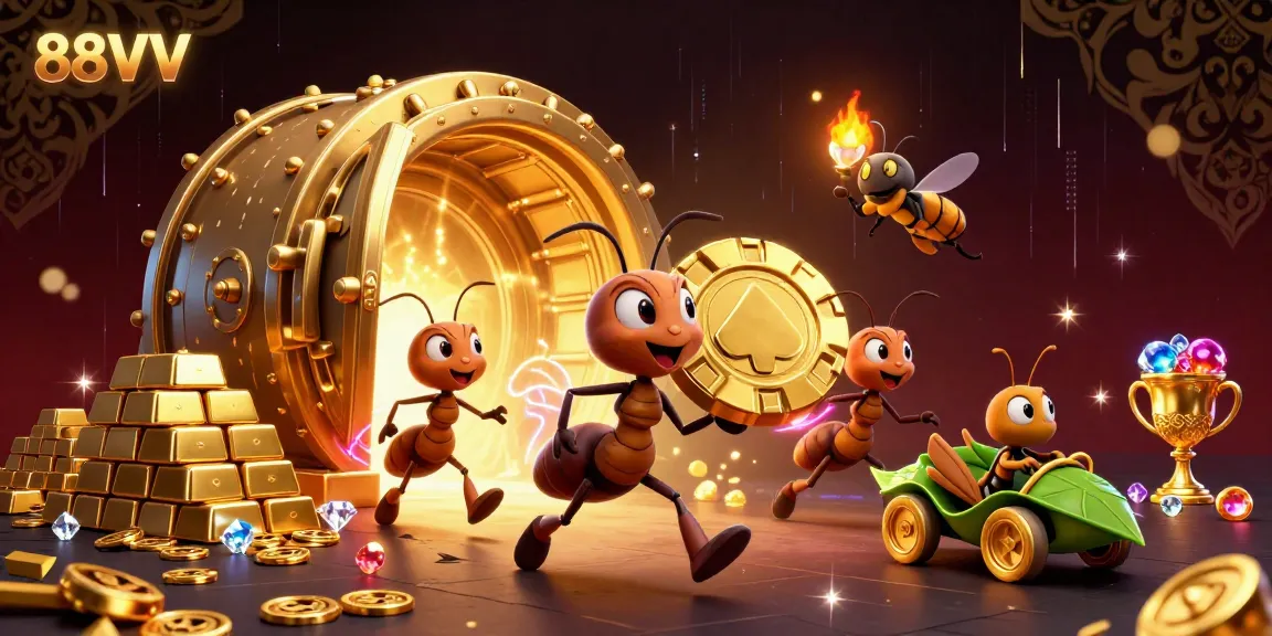 Watch 88VV's cartoon ants daringly escape with a giant poker chip in this vibrant heist illustration.