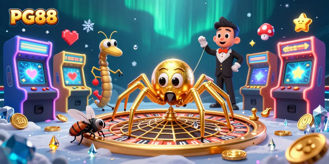PG88 players spin the golden roulette wheel in a lively gaming scene filled with vibrant casino elements.