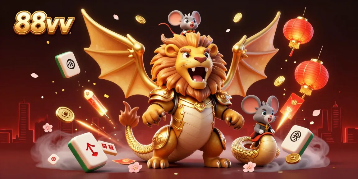 Experience the thrilling excitement of 88vv with a lavish 3D casino scene featuring a chimera and gaming elements.