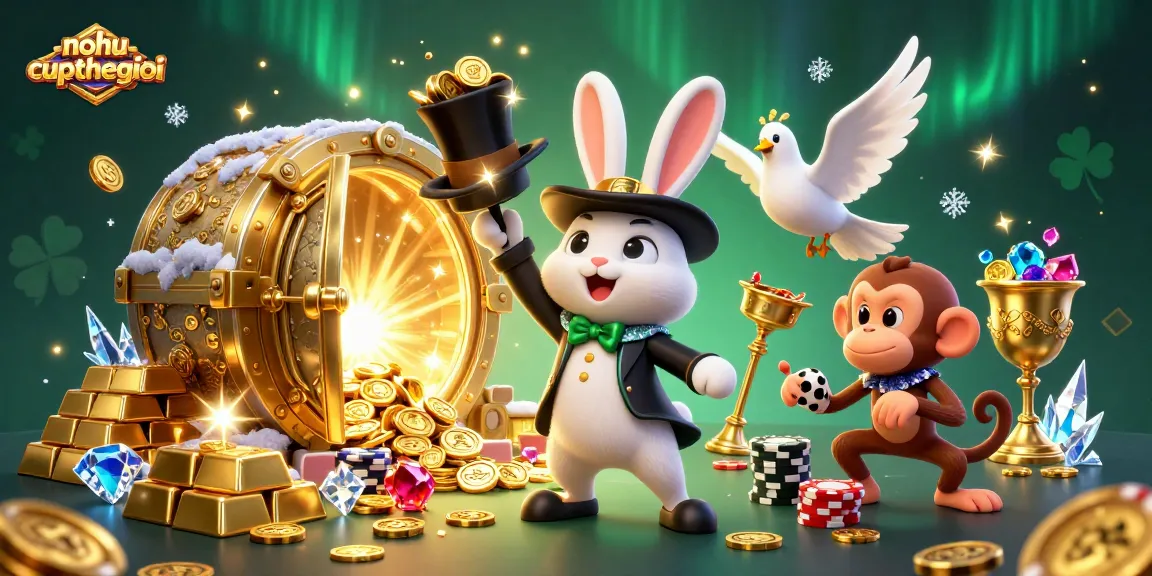 Nohu-cupthegioi showcases a rabbit magician pulling coins in a vibrant casino scene.