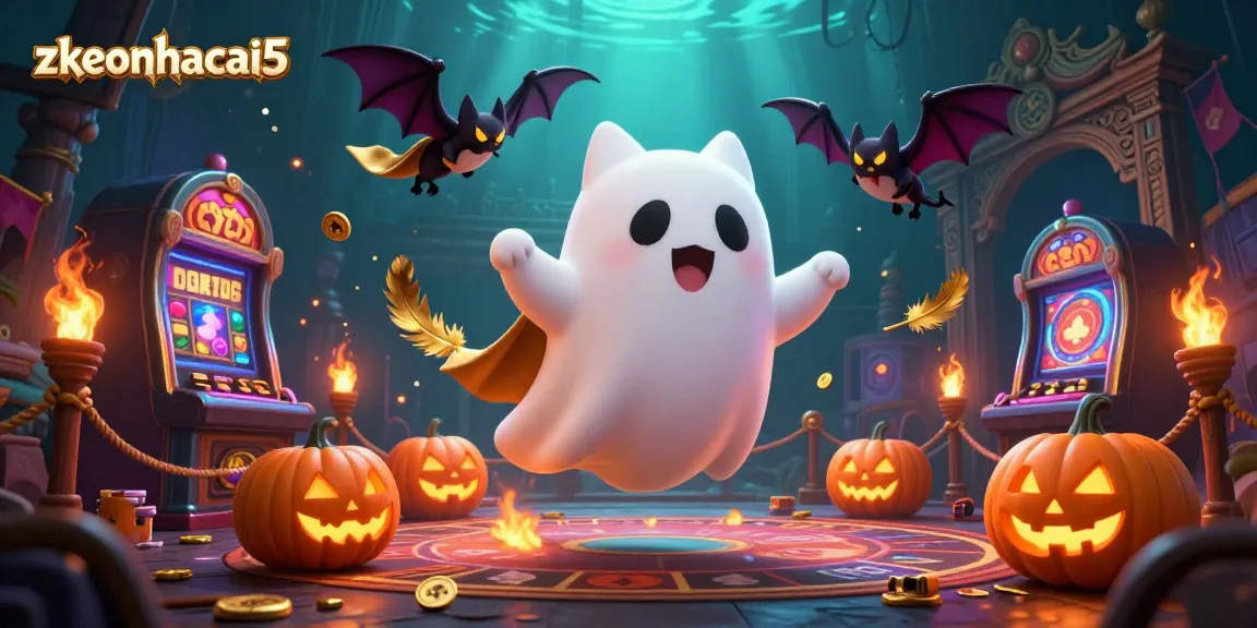 Engage with zkeonhacai5's haunted casino adventure featuring a ghost cat, a bat, and glowing jack-o-lanterns.