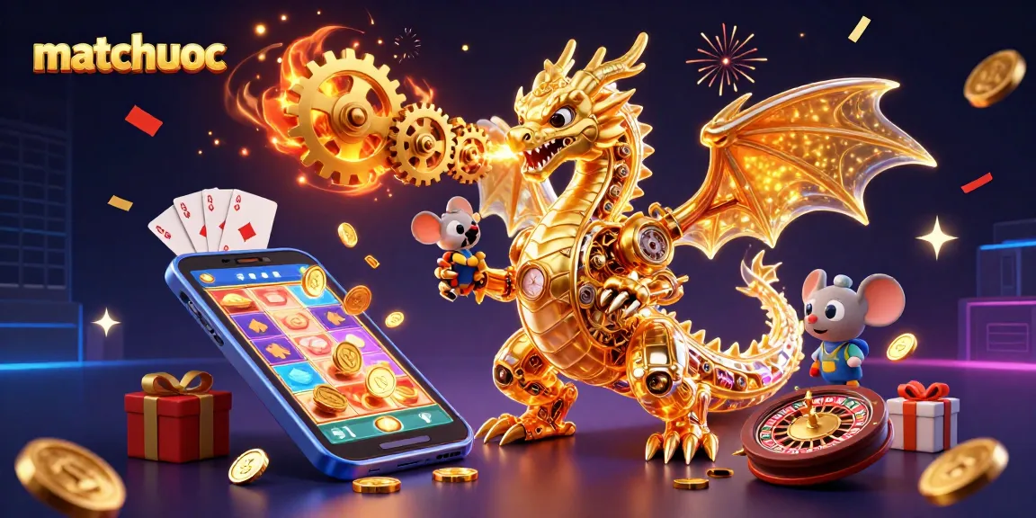 Experience matchuoc's thrilling gameplay featuring a golden dragon and vibrant casino elements amidst fireworks.