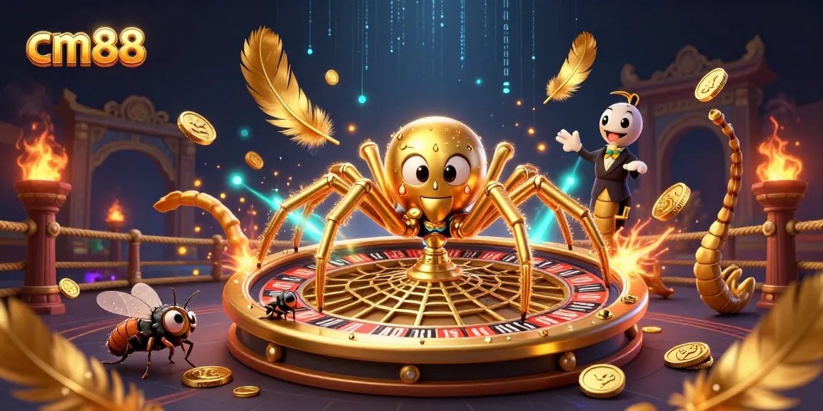 Experience cm88's thrill with a golden spider and centipede croupier in a vibrant casino scene.