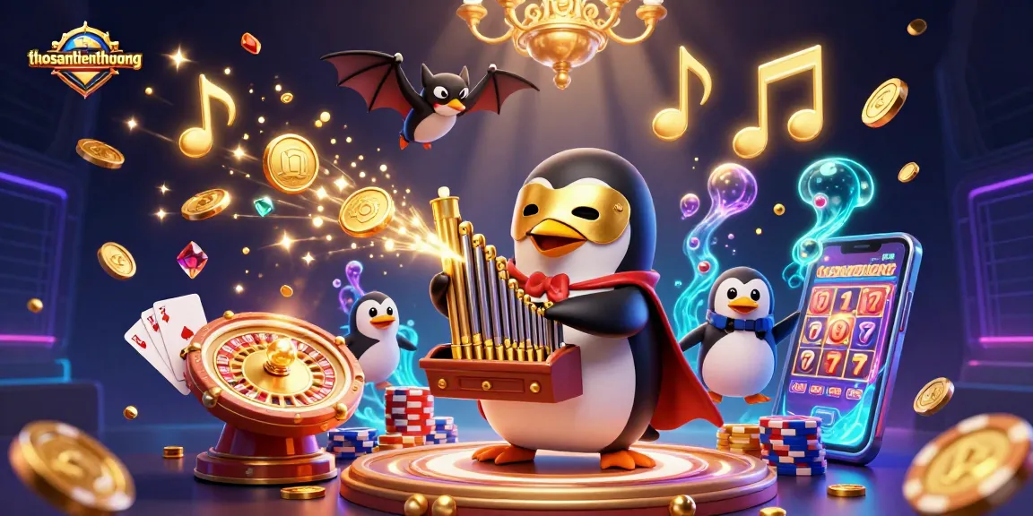 Engage with thosantienthuong as the penguin plays and coins fly in an animated casino scene.