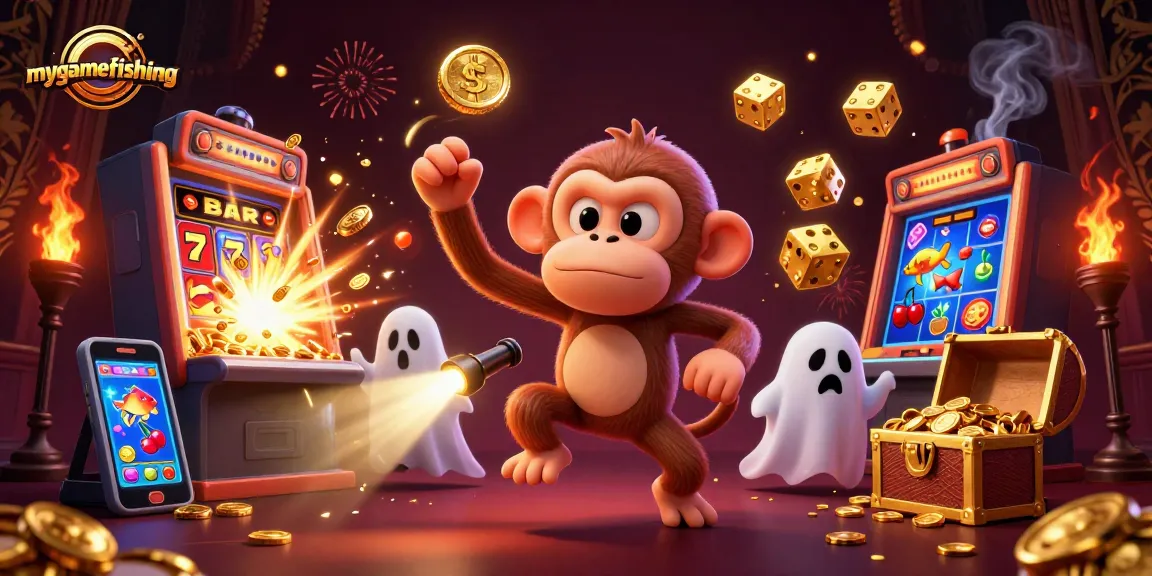 Experience mygamefishing with a playful poltergeist and ghost-hunter puppy in a vibrant casino scene.