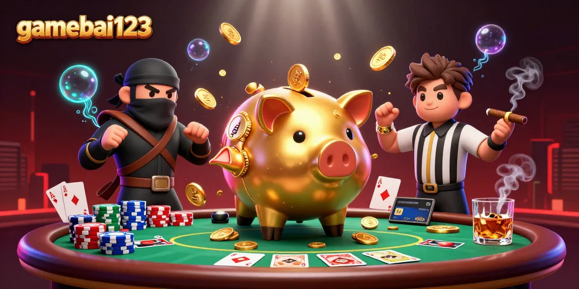 Experience the excitement of gamebai123 with a lively 3D casino illustration featuring vibrant characters and dynamic game elements.