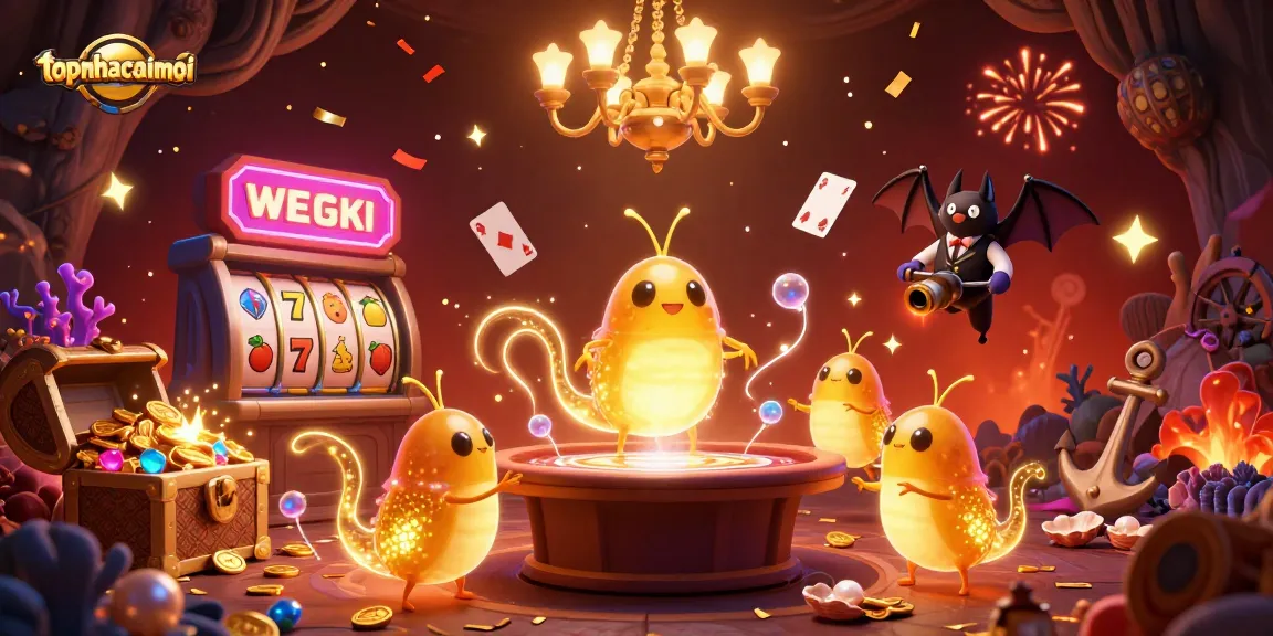 topnhacaimoi lights up a casino scene with glowing worm characters, slot reels, and treasure chests.