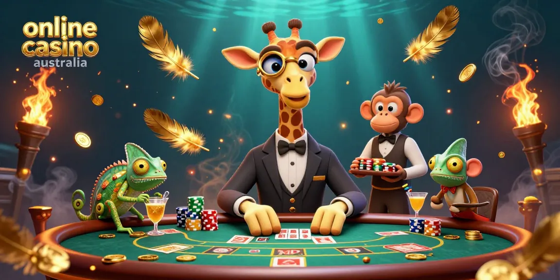 Engaging scene at online casino Australia with giraffe playing poker and vibrant casino elements.